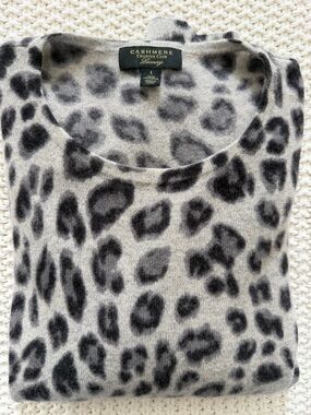 Charter Club Gray and Black Leopard Cashmere Scoop Neck Sweater